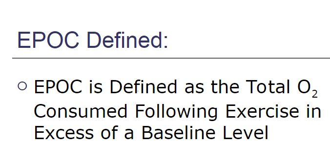 <p>the total oxygen consumed following exercise in excess of a baseline level </p>