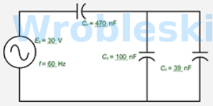 <p>Given the circuit, solve for the following: (Round the FINAL answers to at least two decimal places in the specified unit.)</p><p></p><p>What is the total capacitive reactance? </p><p></p><p>What is the value of total current?</p>