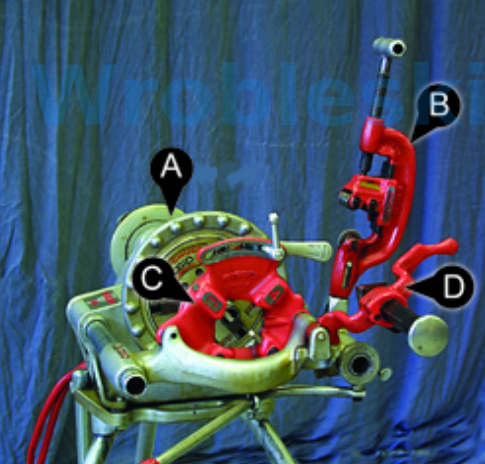 <p>Question 11</p><p>Match the correct description to the corresponding letter in the illustration.</p><p></p><p>Options:</p><p>Front Chuck</p><p>Die Head</p><p>Pipe</p><p>Pipecutter</p>