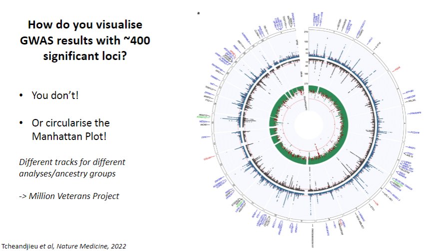 <p>You <strong>don’t</strong> visualize them all directly, but you <strong>circularize</strong> the <strong>Manhattan Plot</strong>.</p>