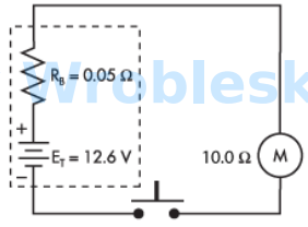 <p>Use the diagram to determine the power consumed by the motor when the push button</p><p>is depressed. (Round the FINAL answer to one decimal place.)</p><p>Note: All voltage sources contain internal resistance that is usually ignored in</p><p>calculations because the resistive value of the load is so much greater than the</p><p>resistance of the source. This is not always the case. (Rb represents the battery's internal</p><p>resistance.)</p><p>Answer:</p>