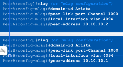 <p><strong>MLAG Configuration</strong></p><p><strong>Step 3: Configure the MLAG domain</strong></p><p>- All MLAG configuration achieved under the “mlag” context</p><p>- Define the MLAG domain-ID, must be identical on both switches (<span class="tt-bg-red">____</span>)</p><p>- Define the port-channel to be used for the peer link</p><p>- Define the local interface to be used for the MLAG session</p><p>- Define the remote peer’s IP address for creating the MLAG session</p>