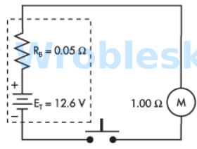 <p>Use the diagram to determine the power consumed by the motor when the push button</p><p>is depressed. (Round the FINAL answer to the nearest whole number.)</p><p>Note: All voltage sources contain internal resistance that is usually ignored in</p><p>calculations because the resistive value of the load is so much greater than the</p><p>resistance of the source. This is not always the case. (Rb represents the battery's internal</p><p>resistance.)</p><p>Answer:</p>