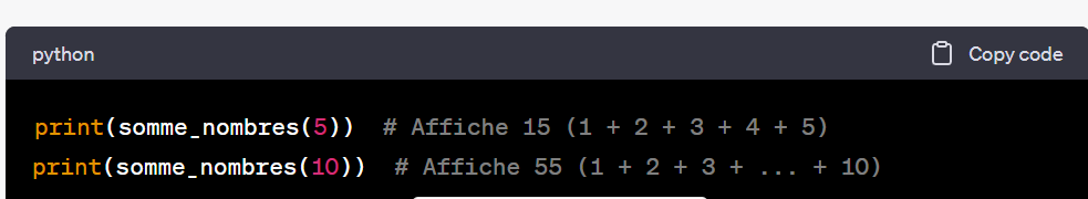 <p><strong>Calcul de la somme des nombres de 1 à n </strong></p><p>Écrivez une fonction récursive appelée somme_nombres qui prend un entier positif n comme argument et renvoie la somme des nombres de 1 à n. Utilisez la récursion pour résoudre ce problème.</p><p></p><p>voir image pour avoir un Exemple d'appel de fonction et résultat attendu</p>