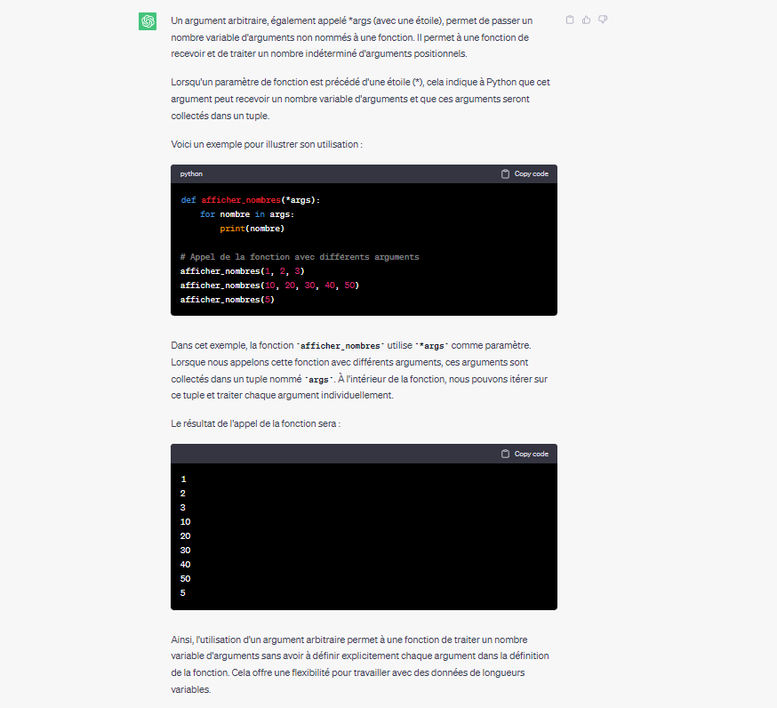 <p>Un argument arbitraire, également appelé<strong> *args </strong>(avec une étoile), permet de passer un nombre variable d'<strong>arguments non nommés</strong> à une fonction.</p><p></p><p>Lorsqu'un <strong><em>paramètre de fonction est précédé d'une étoile (<u>*</u>)</em></strong>, cela indique à Python que cet argument <em><u>peut recevoir un nombre indéfini d'arguments</u></em> .</p>