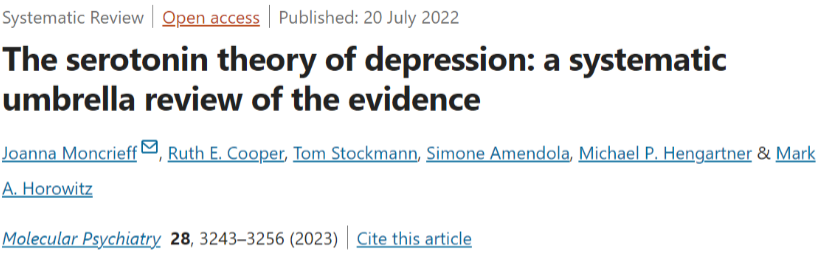 <p>There is no consistent evidence supporting an association between serotonin and depression.</p><p>The hypothesis that depression is caused by lowered serotonin activity or concentrations is not supported.</p>