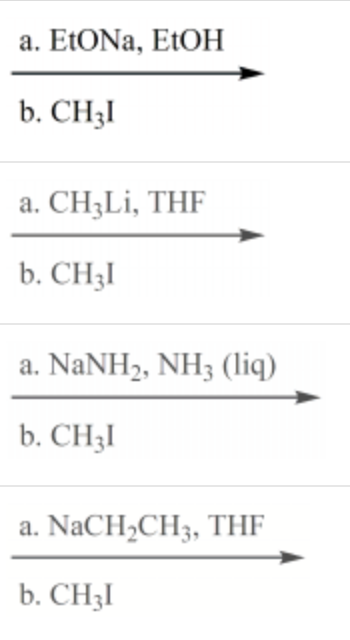 <p>Which reaction conditions would <em>not</em> yield 2-butyne from 1-propyne?</p>