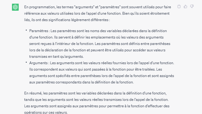 <p>Les <strong>paramètres</strong> : <strong><em><u><span class="tt-bg-red">variables déclarées</span></u></em></strong> dans la définition d'une fonction. </p><p>Les<strong> arguments</strong> : <strong><em><u><span class="tt-bg-red">valeurs réelles</span></u></em></strong> transmises lors de l'appel de la fonction.</p>