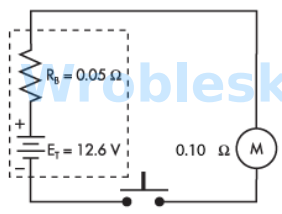 <p>Use the diagram to determine the power consumed by the motor when the push button</p><p>is depressed. (Round the FINAL answer to the nearest whole number.)</p><p>Note: All voltage sources contain internal resistance that is usually ignored in</p><p>calculations because the resistive value of the load is so much greater than the</p><p>resistance of the source. This is not always the case. (Rb represents the battery's internal</p><p>resistance.)</p><p>Answer:</p>