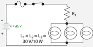 <p>Given the circuit drawing, what size resistor would be required to supply the three 30-</p><p>volt, 10-watt lamps with their rated voltage if the supply voltage is 45 volts DC as</p><p>shown?</p><p></p><p>R1 =   ?   Ω</p>