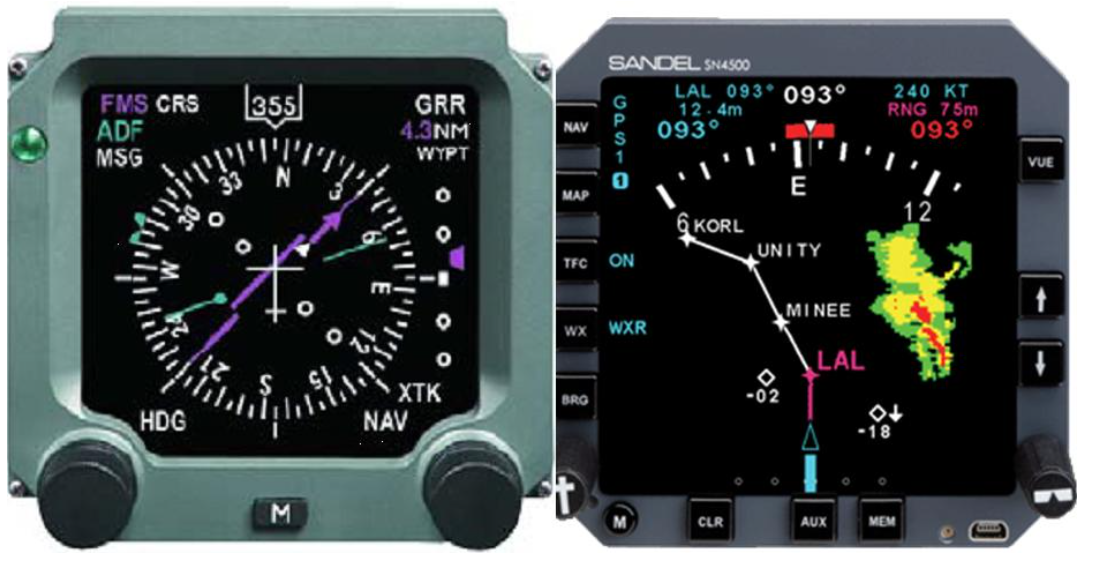 <p>The navigation display (ND) replaces a number of different instruments found on a conventional aircraft instrument panel, mostly the Horizontal Situation Indicator (HSI), and may be used to depict some or all of the following information:</p><p>- heading flown;</p><p>- heading or track selected;</p><p>- bearing to or from a navigation beacon: VHF, VOR, DME;</p><p>- lateral deviation from a selected track;</p><p>- ground speed, distance and time to go;</p><p>- aeronautical map;</p><p>- weather information;</p><p>There are different designs, <strong>compass mode</strong> which replaces the old HSI and <strong>map mode</strong> provides intuitive information about the lateral flight status.</p>