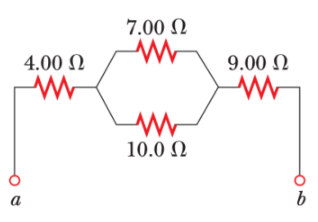 <p>Determine la resistencia equivalente entre los puntos a y b de la figura. Si entre los puntos a y b se aplica una</p><p>diferencia de potencial de 34 V, calcule la corriente en cada resistor</p>