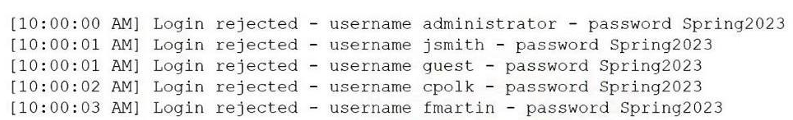 <p>A security analyst is reviewing the following logs:</p><p></p><p>Which of the following attacks is most likely occurring?</p>