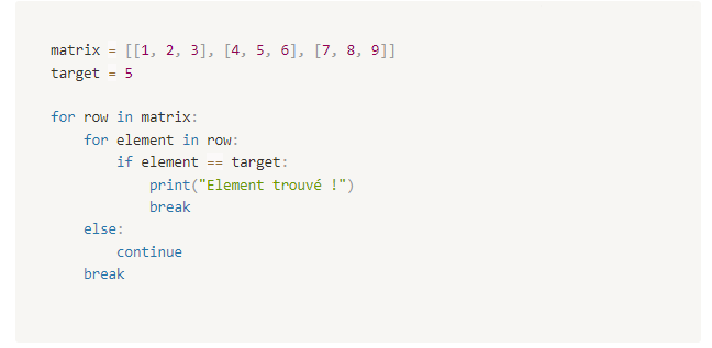 <p><strong><u><sup> Comprendre les matrices:  recherche d'éléments</sup></u></strong></p><p></p><p>1. A quoi sert la boucle externe, sur quoi itère t-elle?</p><p>2. Sur quoi itère la boucle interne</p><p>3. Que permet l'instruction break ici</p>
