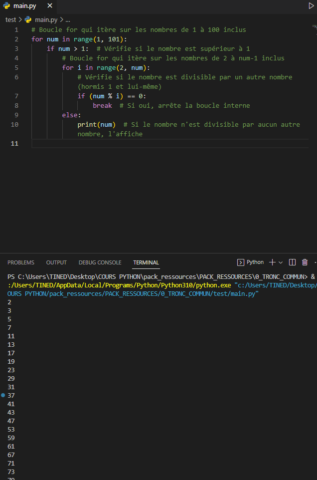 <p>nb: L'expression<em> <span class="tt-bg-red">`(num % i)`</span></em> calcule le <strong>reste de la division </strong>de <span class="tt-bg-blue">`num`</span> par <span class="tt-bg-blue">`i`.</span></p><p>- <strong><em><u>Si le reste est égal à 0</u></em></strong><em><u>, cela signifie que `num` est divisible par `i` sans laisser de reste, ce qui indique qu'il</u></em><strong><em><u> n'est pas un nombre premier</u></em></strong><u>.</u></p><p>- L'instruction `break` est utilisée pour sortir de la boucle interne immédiatement dès qu'on trouve un diviseur autre que 1 et `num` lui-même.</p><p>- En sortant de la boucle interne avec <strong><span class="tt-bg-yellow">`break`</span></strong>, on passe au prochain nombre de la boucle externe.</p><p>- Si aucun diviseur n'a été trouvé pour `num` dans la boucle interne, cela signifie que `num` est un nombre premier, donc on l'affiche.</p>