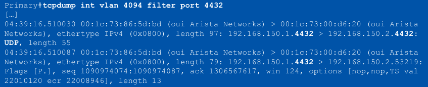 <p>tcpdump filter for capturing MLAG peer-link control traffic:</p><p>'tcpdump int vlan 4094 filter port 4432' or the BASH equivalent, <span class="tt-bg-red">____</span></p>