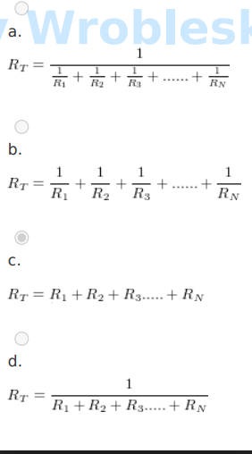 <p>Which is the correct formula for determining total resistance in series circuits?</p>